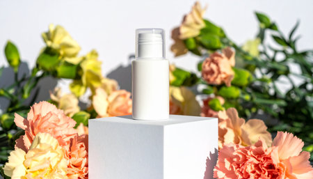 Cosmetic bottle mockup on white podium with carnation flowers backgroundの素材