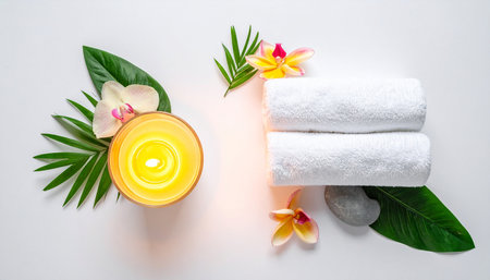 Spa and wellness setting with candles, towel and flowers on white backgroundの素材