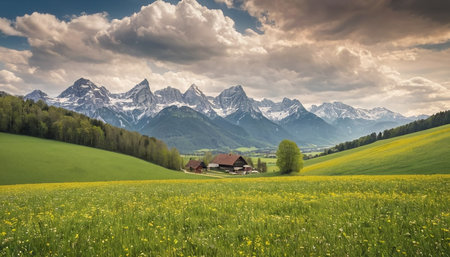 Beautiful spring landscape in the Bavarian Alps. Landscape with meadow and village.の素材