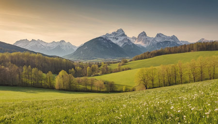 panoramic view of the alps and meadow in springの素材