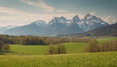 Panoramic view of the Swiss alps in springtime.の素材