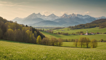 Panoramic view of the Bavarian Alps in springtime, Germanyの素材