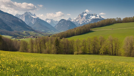 Panoramic view of the alpine meadow in springtimeの素材