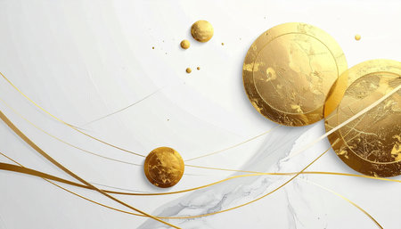 golden coins on a white marble background. 3d illustration.の素材