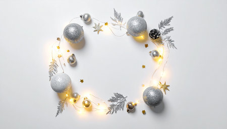 Christmas greeting card. Wreath of silver and gold Christmas decorations on white background. New Year concept. Copy space.  Flat lay. Top view.の素材