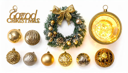 Christmas and New Year decoration on white background. Flat lay, top view.の素材