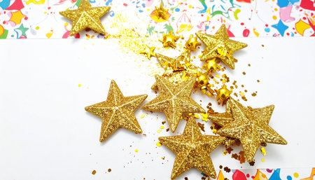 Christmas decoration with golden stars and confetti on a white background.の素材