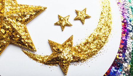 Christmas background with golden stars and moon on white paper. Top view.の素材