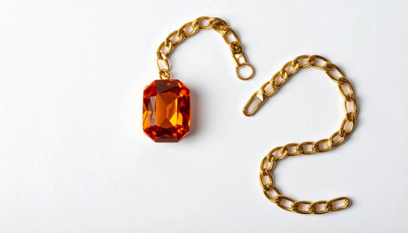 Red ruby and gold chain on white background. Flat lay, top view.の素材