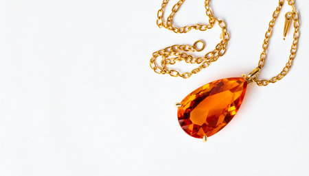 Red amber pendant on a white background. Flat lay, top view.の素材