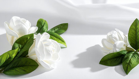 White roses with green leaves on a white background. Flat lay.の素材
