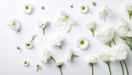 Beautiful flowers on white background, top view. Floral patternの素材