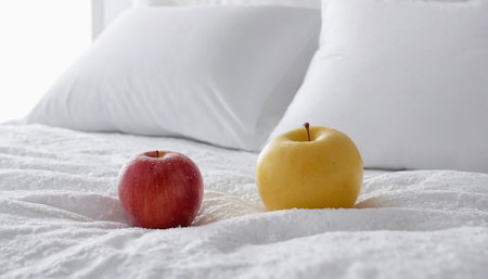 Two red and yellow apples on the bed in the bedroom with white pillowsの素材