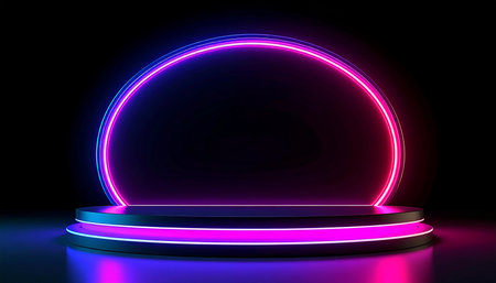 Abstract round podium illuminated with neon lights. Mock up, 3D Renderingの素材