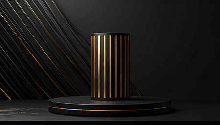 Black and gold podium, pedestal or platform for product presentation. 3D renderingの素材