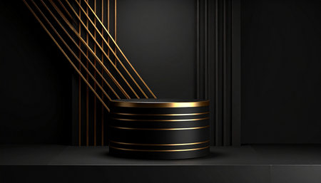 Black podium for product presentation with gold lines on dark background. 3d renderの素材