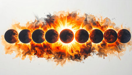 Solar system planets with fire and smoke on white background. 3D renderingの素材
