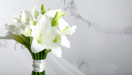 Bouquet of white calla lilies on a light backgroundの素材