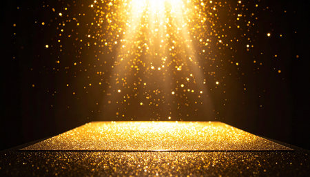 golden glitter texture on stage and bokeh light background.の素材