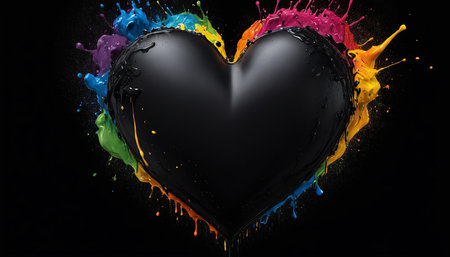 Black heart with colorful splashes on black background. 3d renderingの素材