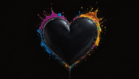 Heart shape made of colorful paint splashes on black background. 3D renderingの素材
