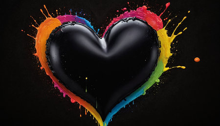 Heart shape painted with colorful paint splashes on black background. 3D renderingの素材