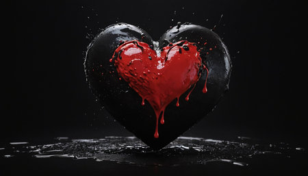 Red heart with splashes of water on a black background. 3d renderingの素材
