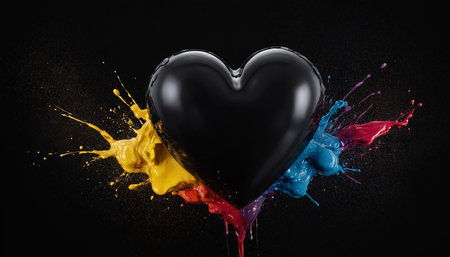 Black heart with colorful splashes on black background. 3d renderingの素材