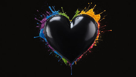 Black heart with colorful splashes on black background. 3d renderingの素材