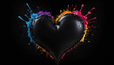 Heart made of colorful splashes on black background. 3d renderingの素材