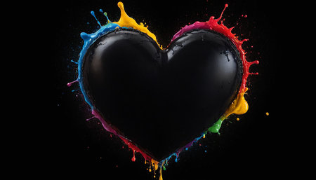 Colorful paint splashing out of black heart, isolated on black backgroundの素材