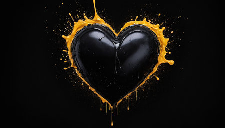 Black heart with yellow paint splashes on black background. Love concept.の素材