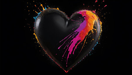 Colorful paint splashes in shape of heart, isolated on black backgroundの素材