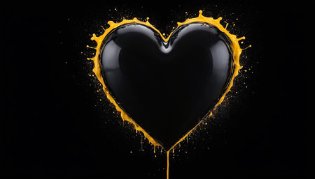 Black heart with yellow paint splash on black background. 3d renderingの素材