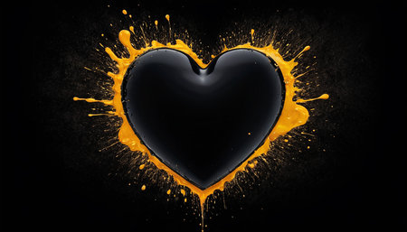 Heart made of yellow and black paint splashes on black background.の素材