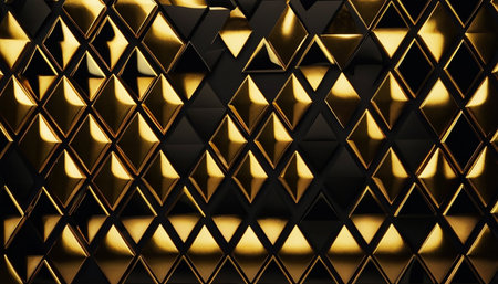 3D rendering of golden metallic background with glowing rhombus shapesの素材