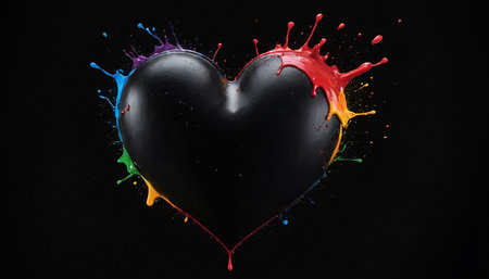 Colorful paint splashes forming heart on black background. Love conceptの素材