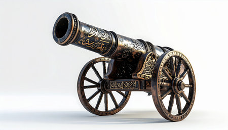 Ancient bronze cannon on a white background. 3D illustration. Copy space.の素材