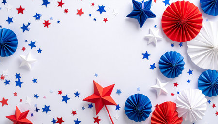 celebration concept. Red, white and blue stars and confetti on white background.の素材