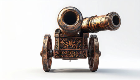 Old bronze cannon on a white background. 3D illustration. 3D rendering.の素材
