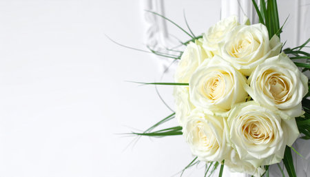 Wedding bouquet of white roses on a white background.の素材