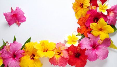 Beautiful hibiscus flowers on white background, top viewの素材