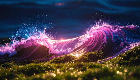 Beautiful wave on the beach at night. Long exposure shot.の素材