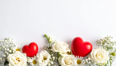 Valentine's day background with flowers and red heart on white backgroundの素材