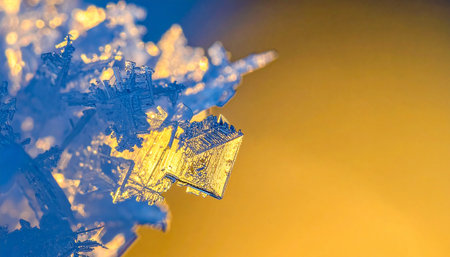 Close up of a snowflake on a yellow background with copy spaceの素材