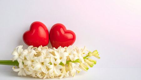 Beautiful white hyacinth and two red hearts on white backgroundの素材