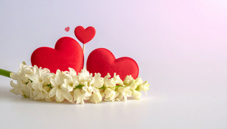Valentine's Day background with white hyacinth and red heartsの素材