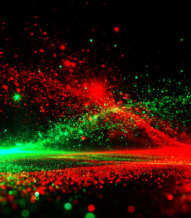 abstract background with red, green and blue glittering particles.の素材