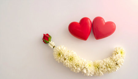 Red heart and white flowers on white background, valentine day conceptの素材