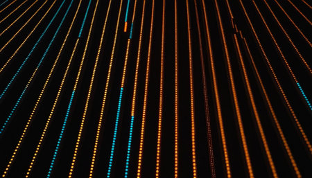 3d render, abstract background with glowing lines and dots in blue and orange colors.の素材